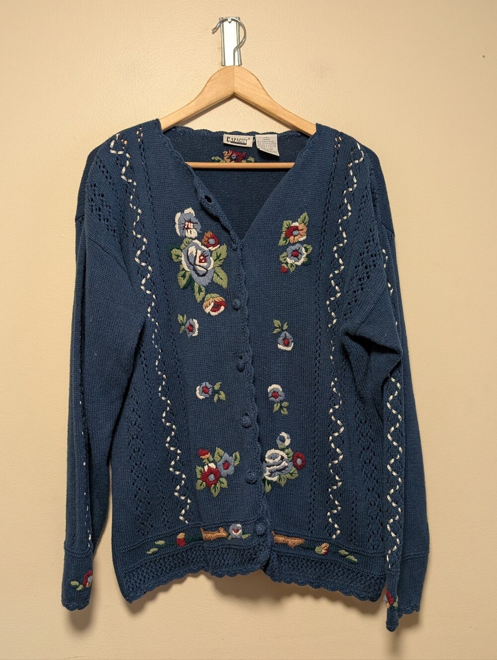 Capacity Blue Floral Embroidered Ramie Cotton Cardigan Sweater L Cottagecore
